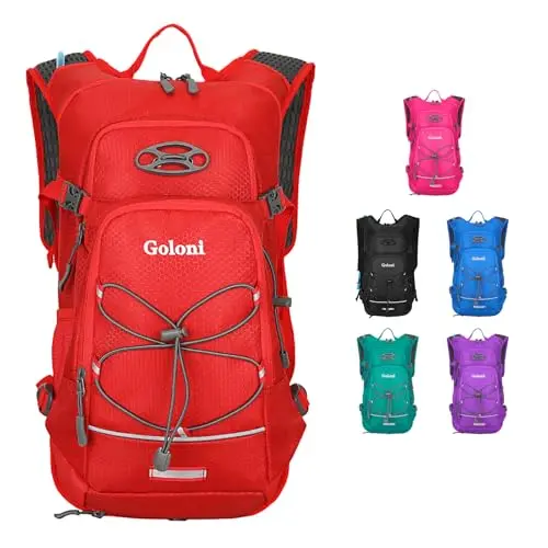 Red Goloni hydration backpack with water bladder on a hiking path