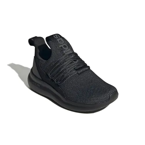 Adidas Lite Racer Adapt 7.0 sneaker on a child's foot, showing the elastic laces and sleek design