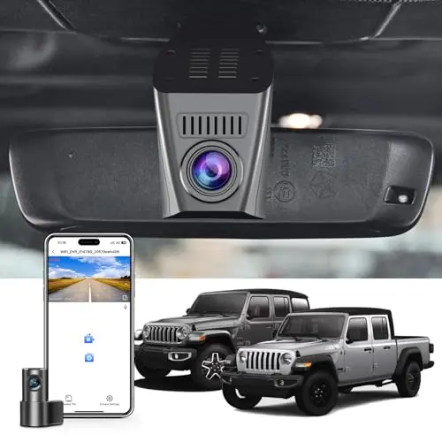 Mangoal custom-fit dual dash camera installed behind the rearview mirror of a Jeep Gladiator