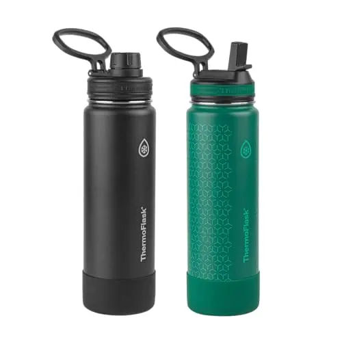 Two ThermoFlask insulated stainless steel water bottles in black and green