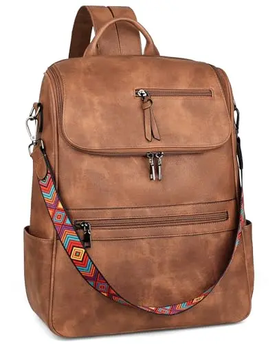 FADEON Leather Look Laptop Backpack for Women in Brown