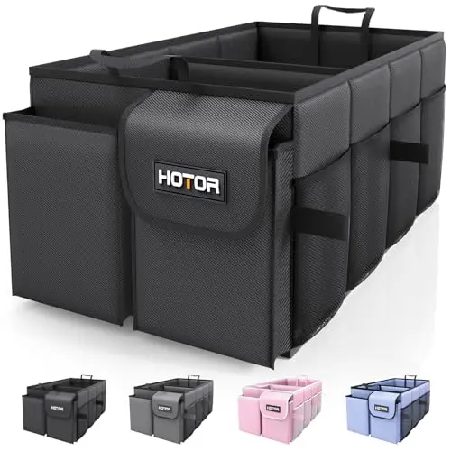 HOTOR compact two-compartment trunk organizer folded on a car seat.