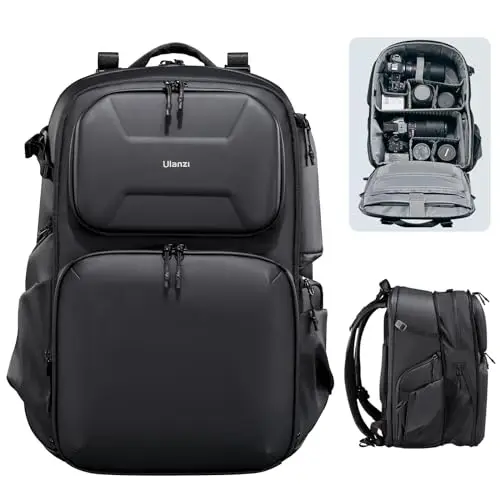 ULANZI BP10 large black hardshell camera backpack open, showing customizable dividers and multiple compartments