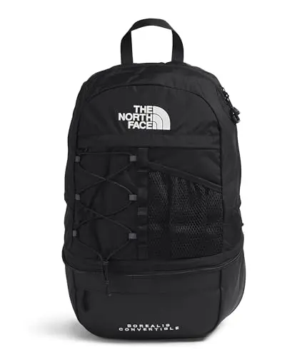 The North Face Borealis Convertible Pack in Black, showing backpack and lumbar pack modes