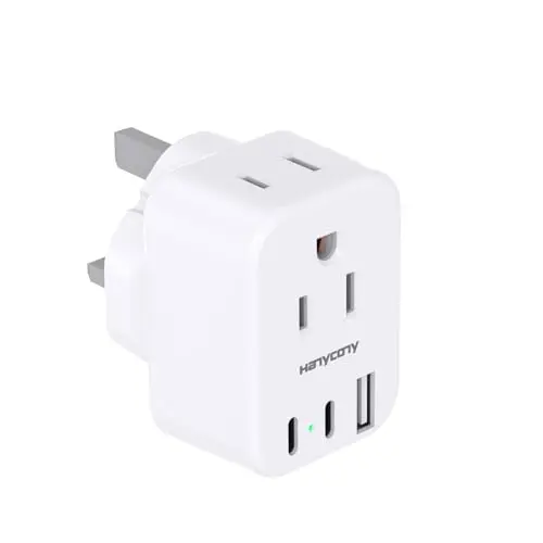 HANYCONY ultra-compact white UK power adapter with USB-C ports