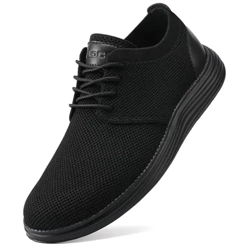 VILOCY Men's Fashion Dress Sneakers in black with a sleek knitted upper and leather accents.