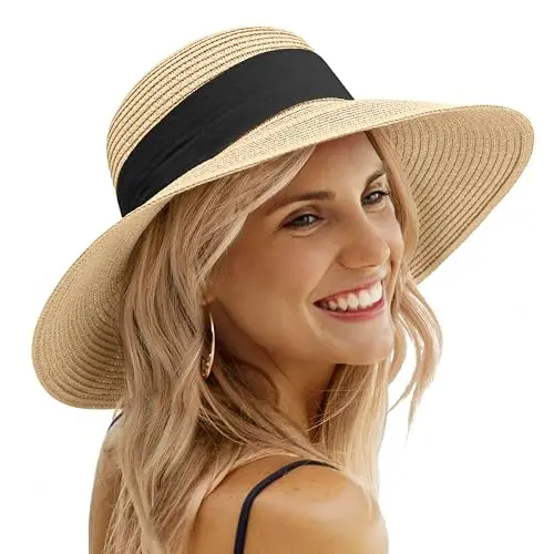 Affordable wide brim packable straw sun hat for women