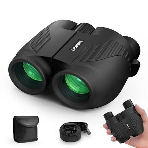 DRANBOL 20x25 binoculars with large eyepieces and a black rubberized body, shown with a neck strap.