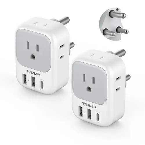 Two pack of white TESSAN plug adapters with multiple outlets and USB ports