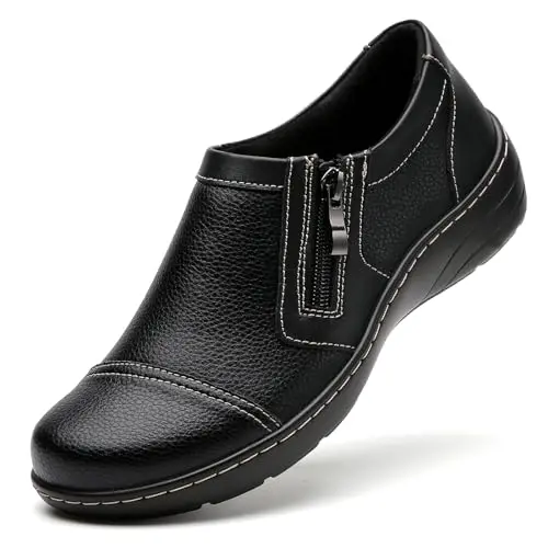 QAE Women's Leather Loafers with side zipper in black