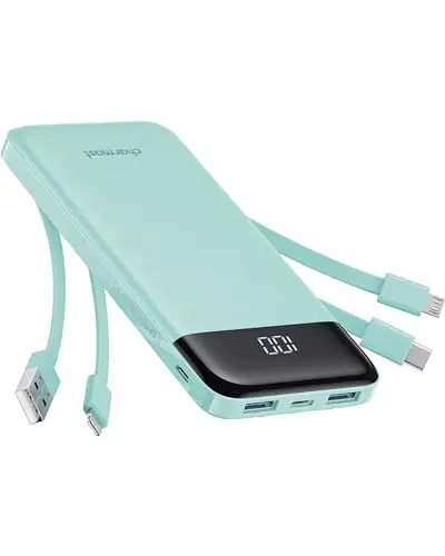 Charmast slim portable charger in blue with built-in cables and a digital percentage display.
