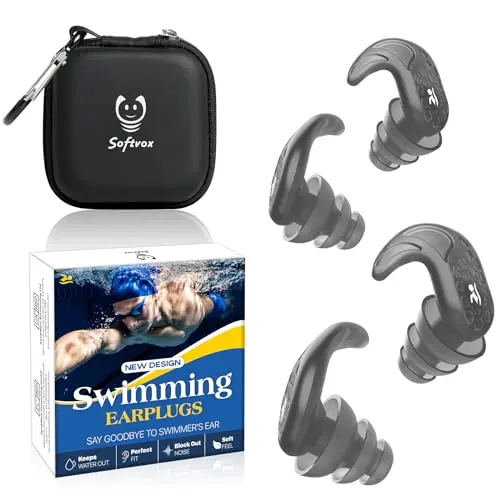 Softvox black silicone swimming earplugs with two pairs and a carrying case