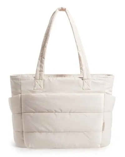 BAGSMART beige puffy quilted tote bag with compartments.