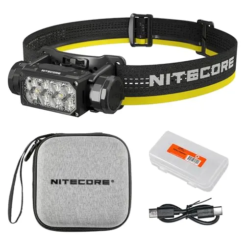 Nitecore HC65 UHE black headlamp showing adjustable headband and multiple LED lights.