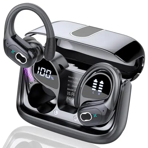 Aptkdoe HD65 black wireless earbuds with earhooks on a charging case