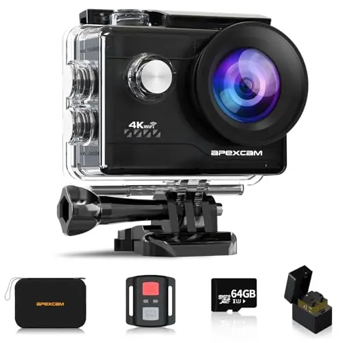 Apexcam 4K action camera with remote and accessories