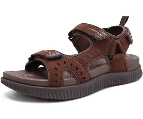 KuaiLu men's leather hiking sandals with multiple adjustable straps and a thick, cushioned footbed