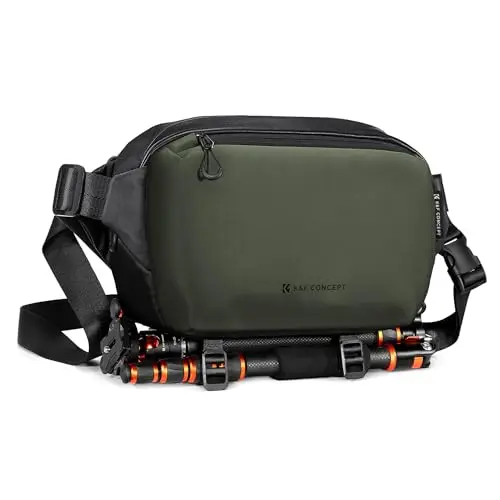 K&F Concept black and green sling bag showing its two-tone design and external tripod straps