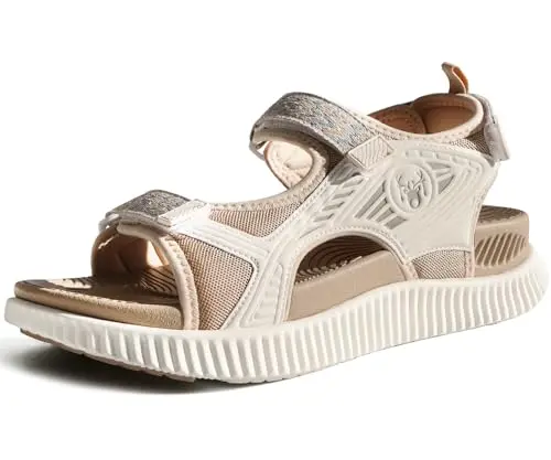 KuaiLu women's orthopedic platform walking sandals in beige with adjustable buckles and a thick cushioned sole