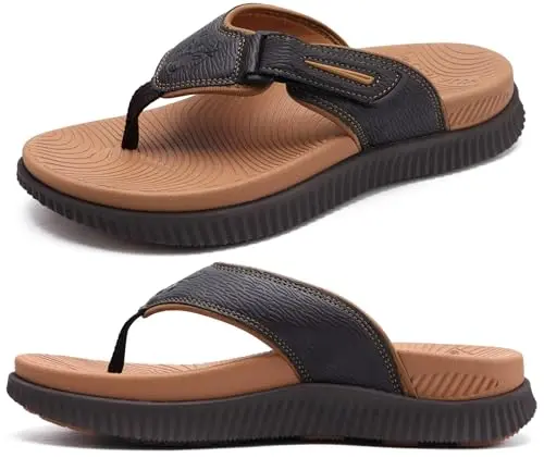KuaiLu men's leather flip flops with an adjustable ankle strap and thick sole