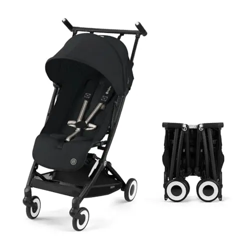 Cybex Libelle 2 compact travel stroller showing its sleek fold and large sun canopy.