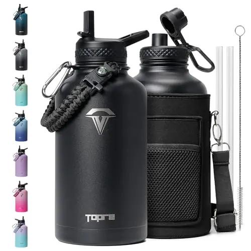 Topre 64oz half-gallon stainless steel water bottle with a black paracord handle and survival kit.