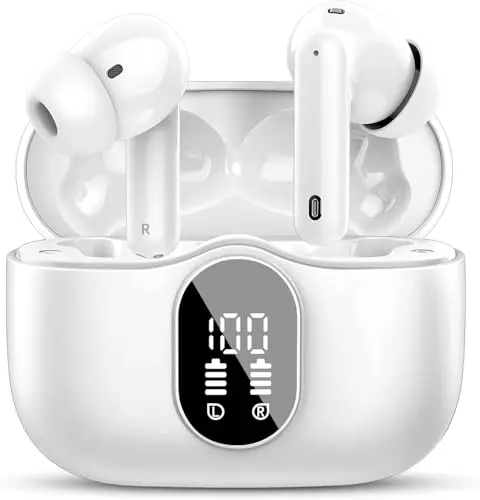 Btootos A90 Pro white wireless earbuds with a charging case.
