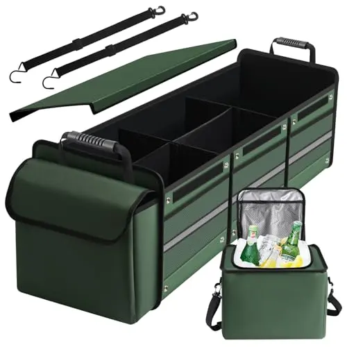 Snuopfy green collapsible trunk organizer with insulated cooler bag