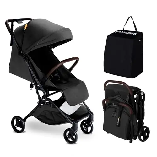 MAMAZING Ultra Air Travel Stroller in Jet color, showcasing its compact fold and carbon fiber frame.