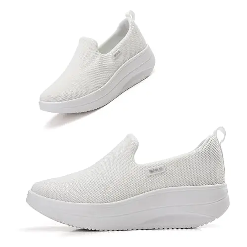 OUDE women's white platform sneakers with rocker bottom sole
