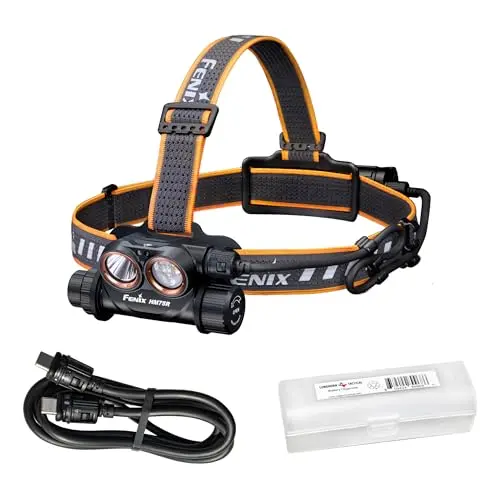 Fenix HM75R headlamp with rear battery extender pack attached to headstrap