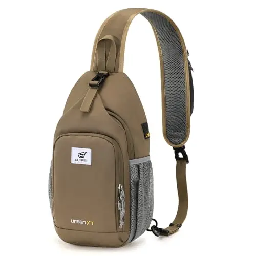 SKYSPER sling bag in taupe color, showing multiple compartments and an RFID security pocket.