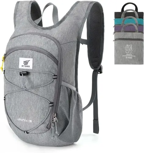 SKYSPER grey hiking backpack with chest strap, shown unfolded with side mesh water bottle pockets.