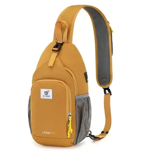 SKYSPER RFID sling bag in apricot color, showing multiple compartments
