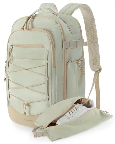 BAGSMART beige travel backpack open showing multiple compartments and shoe bag