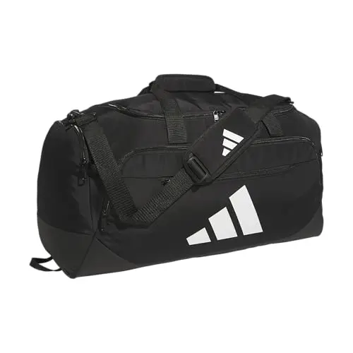 Adidas Defender 5.0 Duffel Bag showing multiple pockets and a water-resistant base.