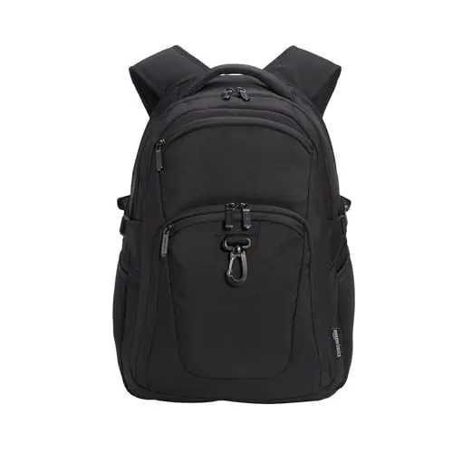 Amazon Basics black travel laptop backpack standing upright