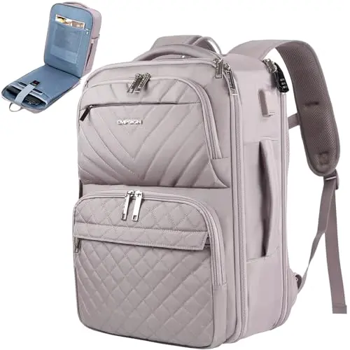 EMPSIGN grey and pink travel backpack with side handle and USB port