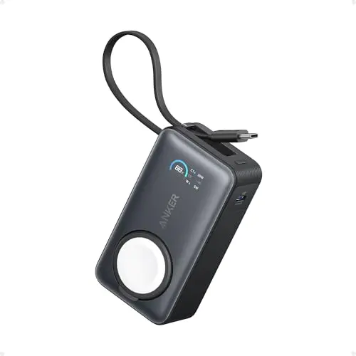 Anker MagGo Power Bank for Apple Watch showing compact black design with built-in cable