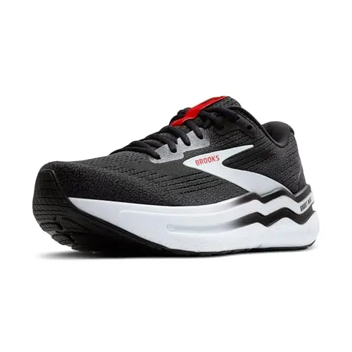 Brooks Ghost Max 2 neutral running and walking shoe in black, white, and fiery red