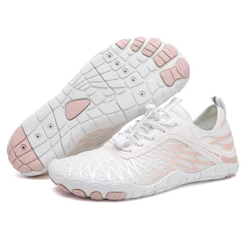 RUFONE white minimalist water shoes with a mesh upper and deep lug sole.