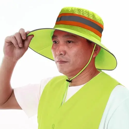 Green unisex bucket hat with wide brim and reflective striped mesh