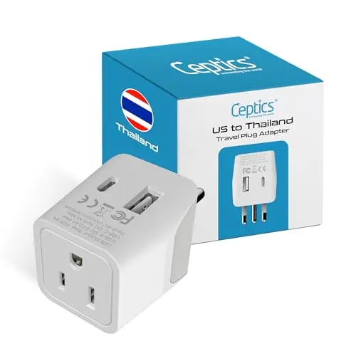 Compact white Ceptics travel adapter with USB-A and USB-C ports
