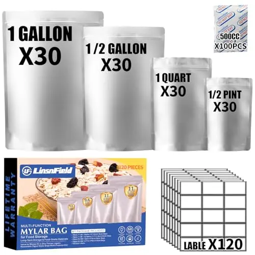 LinsnField 120-piece BPA-free mylar bag bundle with high-capacity oxygen absorbers