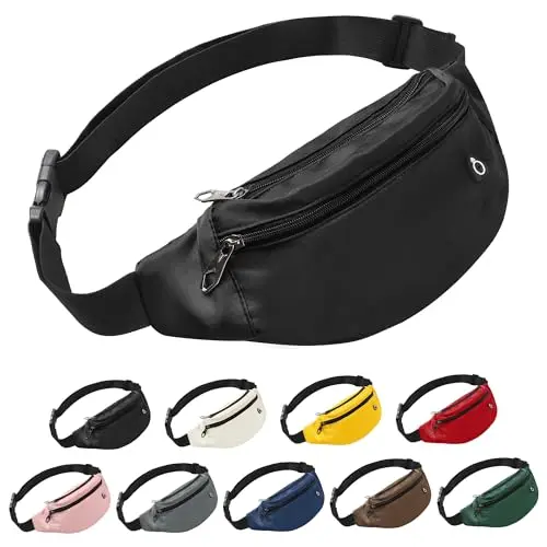 Frenou Fanny Pack in Black, showing multiple zippers