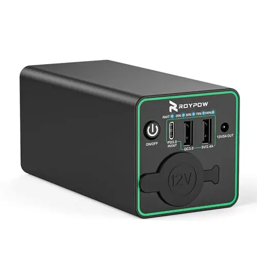 RoyPow 30W portable charger with regulated cigarette lighter socket and DC output for dash cams and equipment