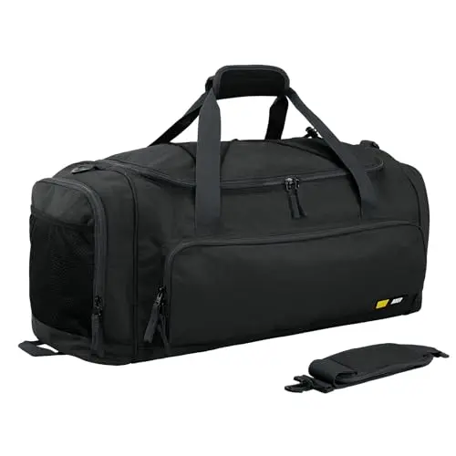 Pure black MIER large duffel bag showing multiple pockets and a shoe compartment