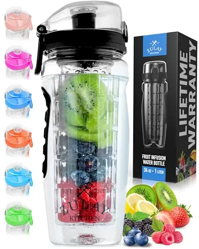 Zulay 34oz black plastic fruit infuser water bottle with a long infusion rod inside.