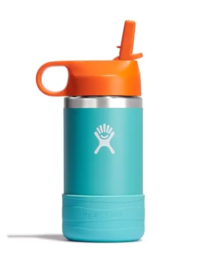 Hydro Flask kids water bottle in seaspray blue with straw cap and boot