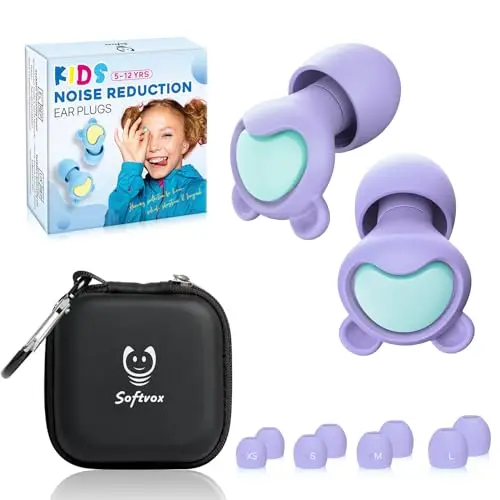 Softvox Kids earplugs in violet and green with a compact carry case